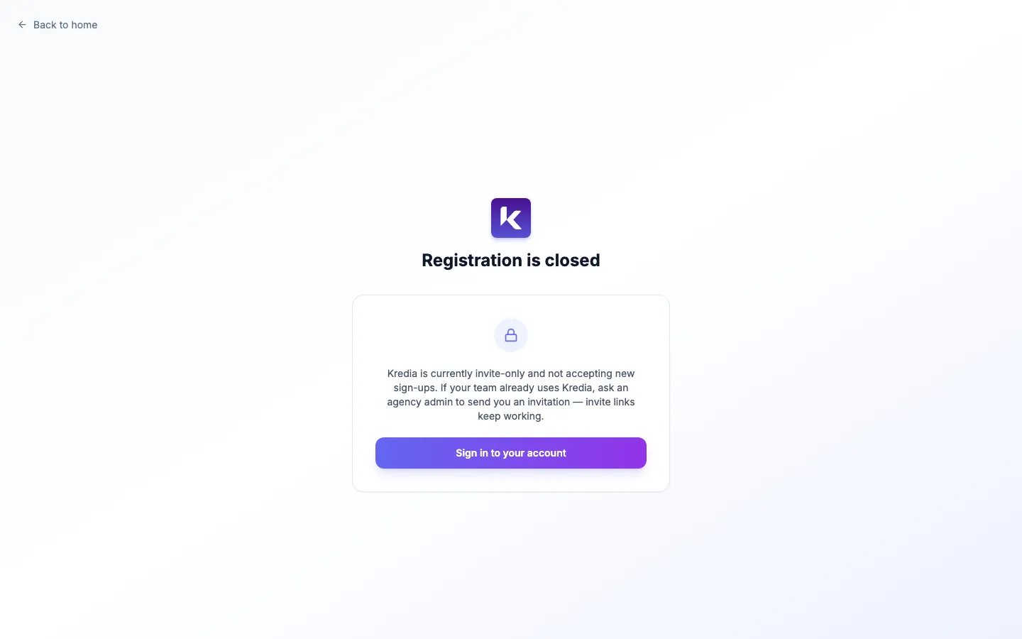 Opening the sign-up page without an invitation shows "Registration is closed"