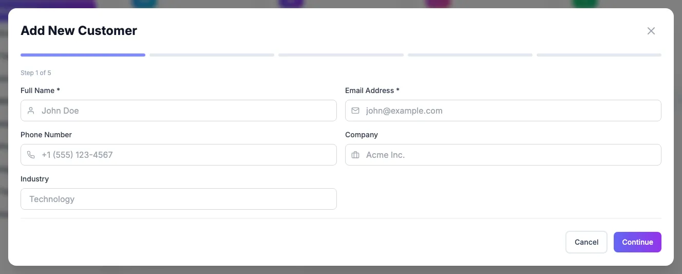 The Add New Customer window, step 1 of 5