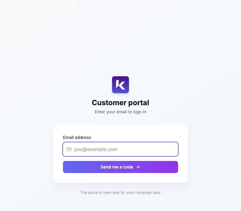The client portal sign-in page with the email field and the Send me a code button