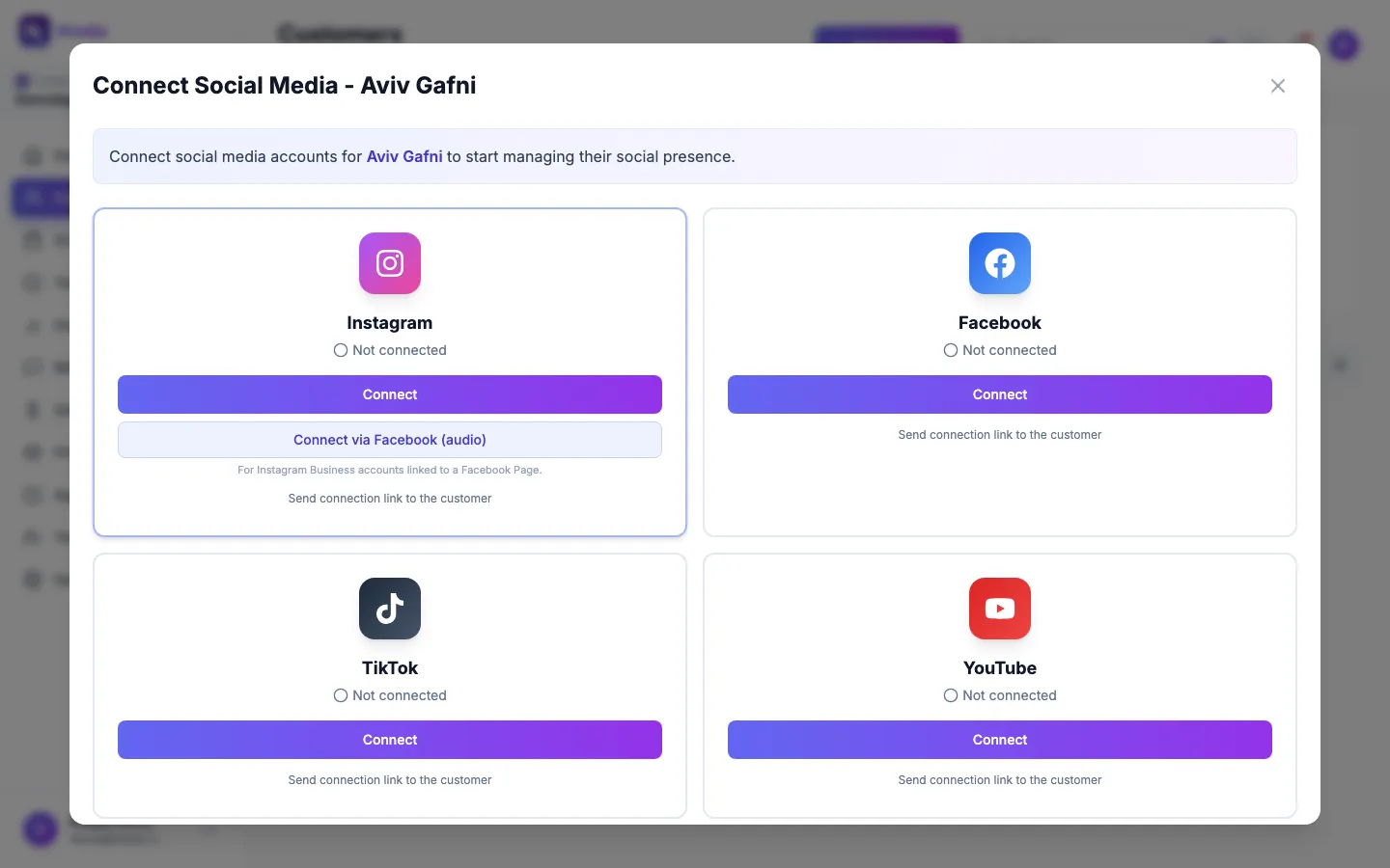 The Connect Social Media window for a client, with a card for each platform