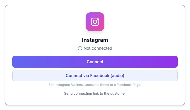 The Instagram card in the Connect Social Media window, with the Connect and Connect via Facebook (audio) buttons