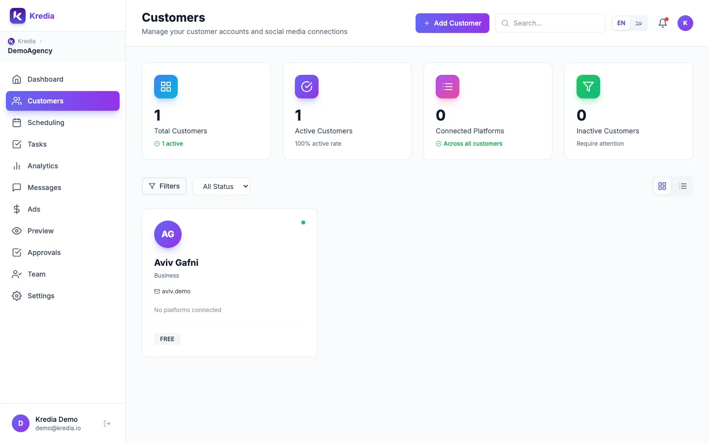 The Customers page, where you add a client and connect their accounts