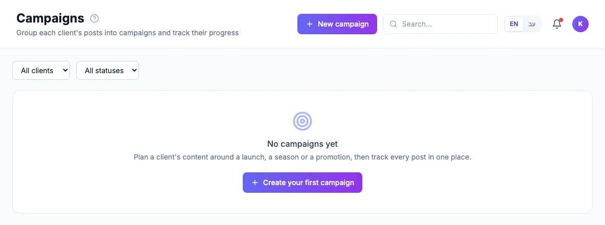 The Campaigns page with the New campaign button and the client and status filters