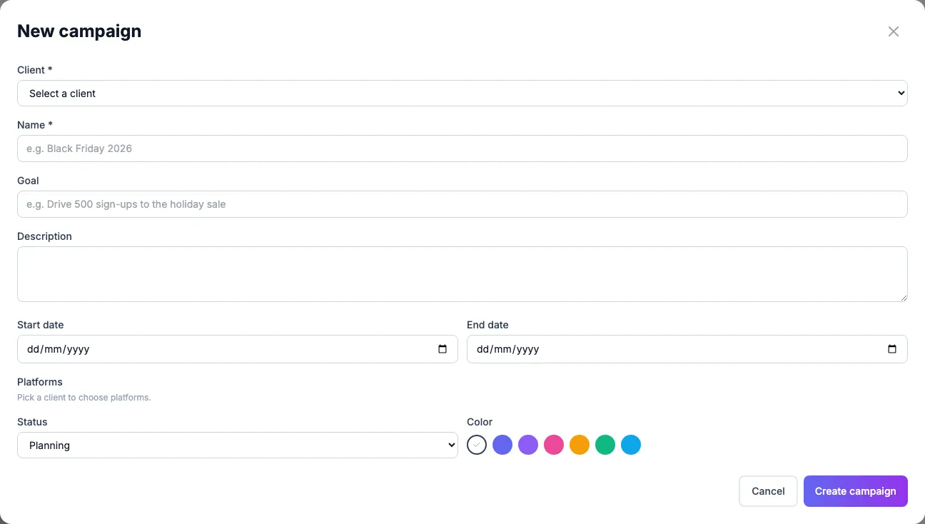 The New campaign window with Client, Name, Goal, Description, dates, Platforms, Status and Color
