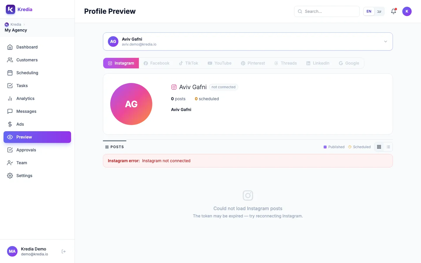 The Profile Preview page with the client picker and platform tabs