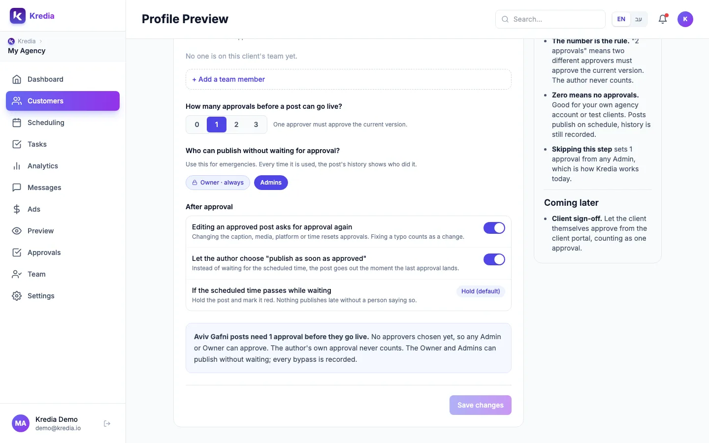The After approval settings, the summary and Save changes