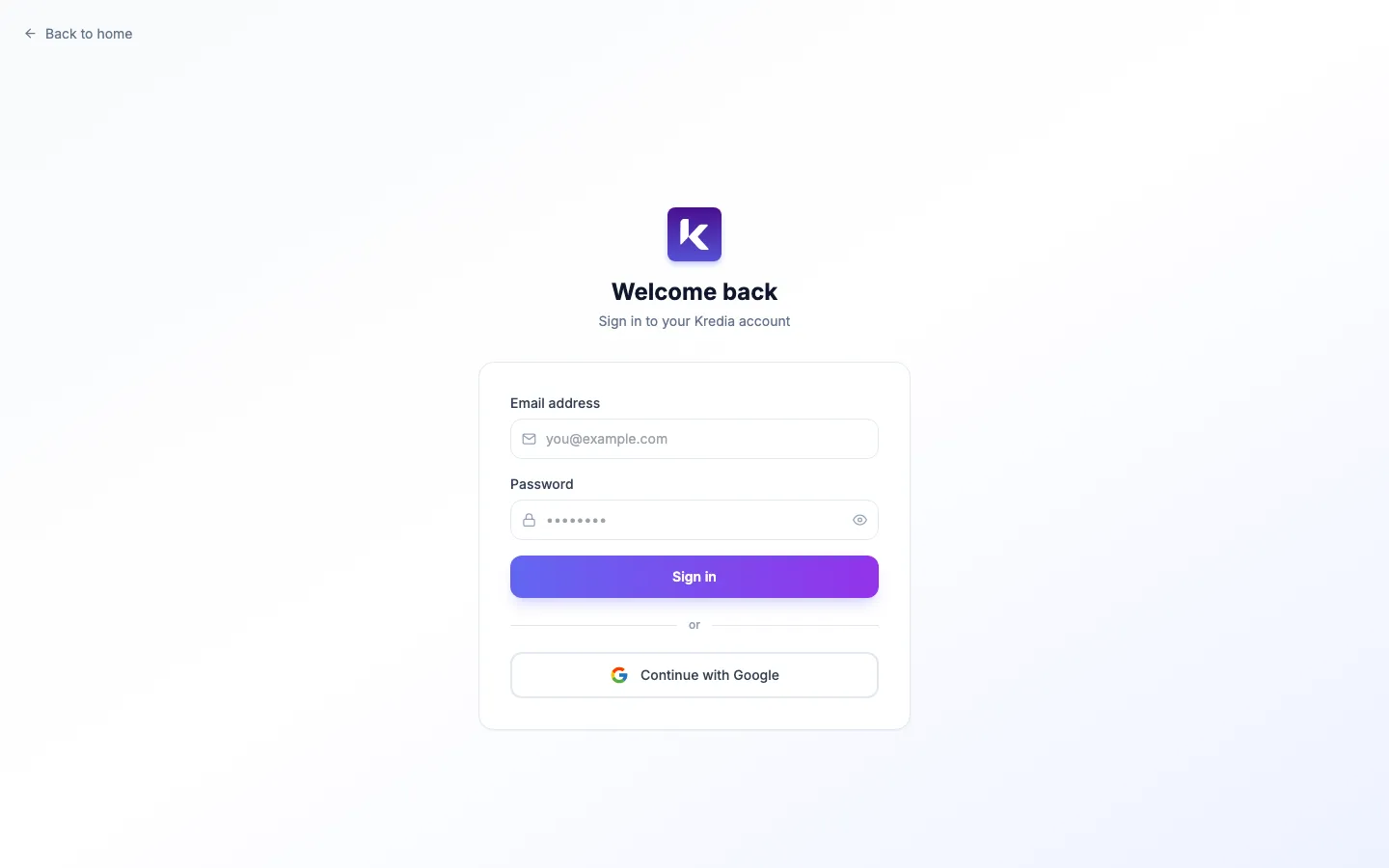 The Kredia sign-in page