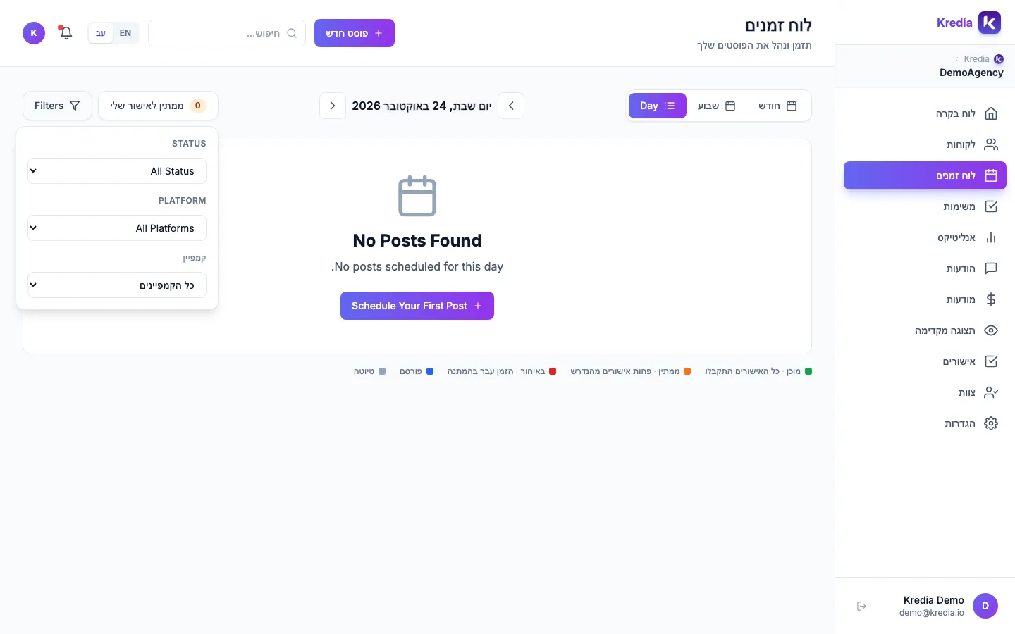 חלונית Filters עם Status,‏ Platform וקמפיין